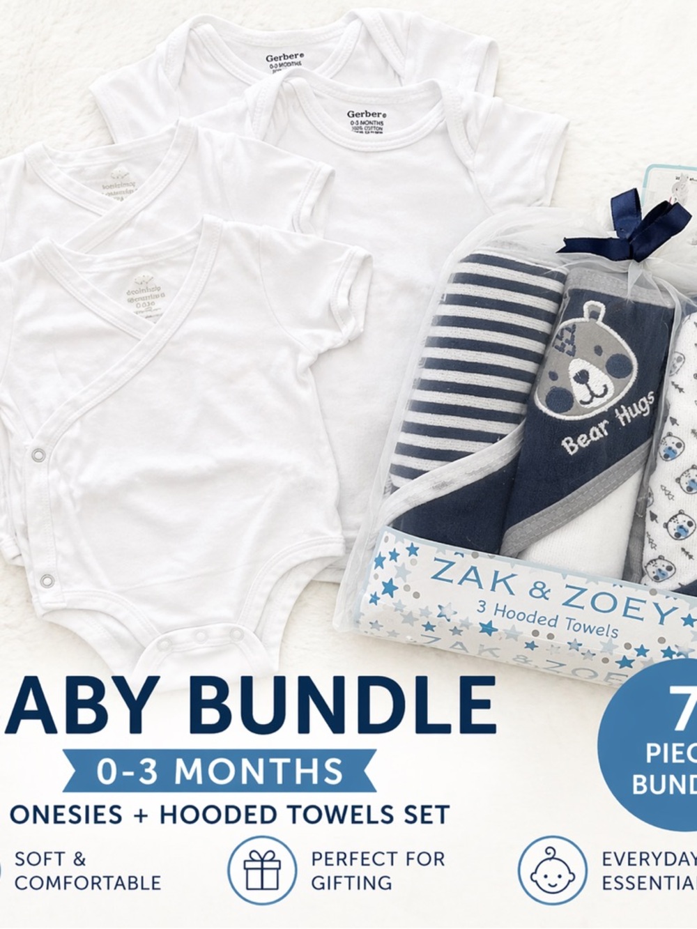Baby Bundle 0-3M Onesies + Zak & Zoey Hooded Towels Set Boy Neutral